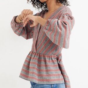 Madewell Striped Bubble Sleeve Peplum Top, Red/Grey, Large